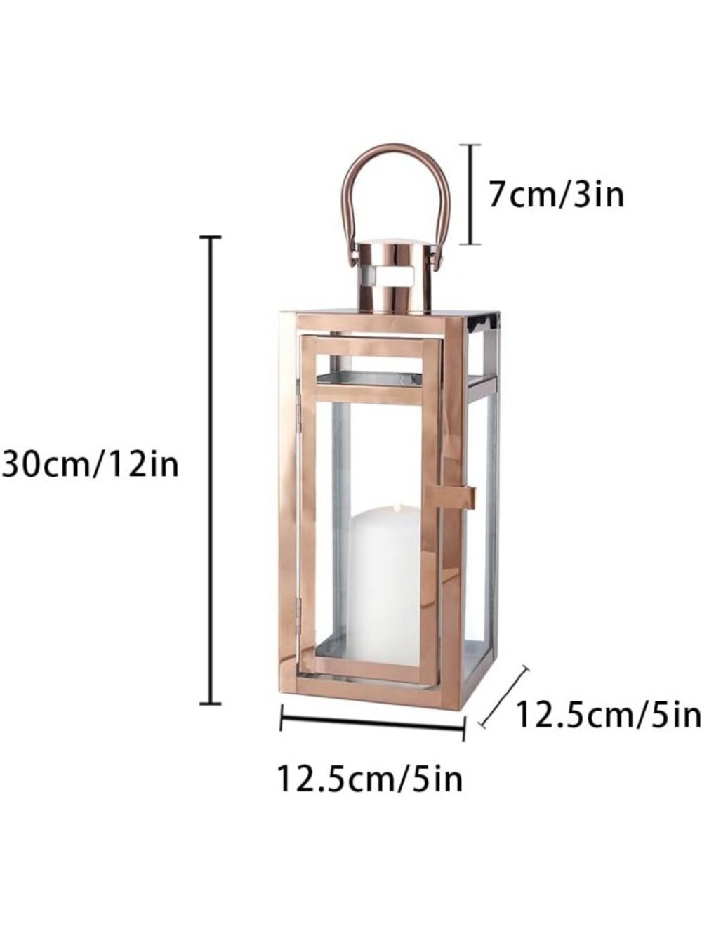 New Rose Gold 12 Inch Stainless Steel Metal Candle Lantern Glass Panel Decor - Picture 6 of 6